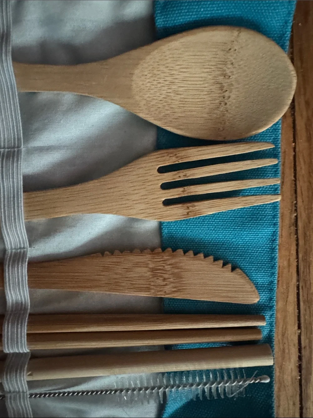 Bamboo Utensil Travel Set in cloth, Teal case NWT #3